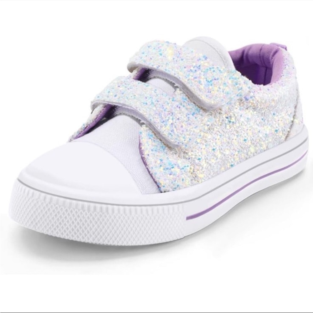 Kids Glitter Velcro Sneaker - White with Purple Accents